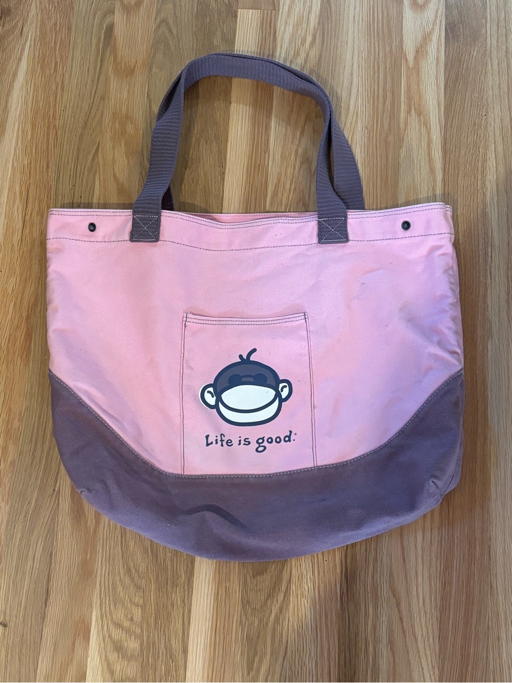 Life Is Good Pink and Purple Canvas Tote with Monkey Logo
